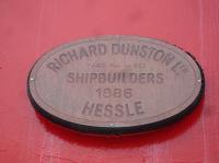 Builders Plate on Caledonian MacBrayne <I>MV Loch Linnhe</I>, seen on the crossing from Mull to Kilchoan on the Ardnamurchan peninsula, showing it to be boat 953 constructed, in 1986, at Dunston's Hessle shipyard on the north bank of the Humber Estuary in East Yorkshire. The next boat built in the yard was sister CalMac ferry MV Loch Riddon, whose builders plate shows it as boat H954. A total of four ferries were built for CalMac that year. The Yard ceased shipbuilding in 1994.<br><br>[David Pesterfield 18/06/2013]
