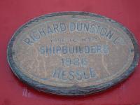 Builders Plate on CalMac ferry MV Loch Riddon, seen on the crossing from Lochranza on Arran to Claonaig on Kintyre, showing it to be boat H954 constructed, in 1986, at Dunston's Hessle shipyard on the north bank of the Humber Estuary in East Yorkshire. The previous boat built in the yard was sister CalMac ferry MV Loch Linnhe, whose builders plate shows it as boat H953. A total of four ferries were built for CalMac that year. The Yard ceased shipbuilding in 1994<br><br>[David Pesterfield 17/06/2013]