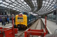 D9009 'Alycidon' 'on the blocks' at Liverpool Lime Street having arrived from York with the 'Trans-Pennine Deltic Lament' railtour on 30 December 2017. The amount of interest that the tour generated along the route was hardly surprising with an immaculate rail blue Deltic and a matching set of 11 Blue/Grey Mark 2 carriages.<br><br>[John McIntyre 30/12/2017]