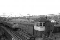 An AM3 EMU with a service to Airdrie approaches Cardross on a dismal day in March 1970.<br><br>[John McIntyre /03/1970]