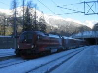 Wien to Zurich Railjet service pulls into St Anton am Arlberg on 23rd December 2017. Having departed at 0530 it will arrive at its destination at 1320hrs.<br>
<br>
<br><br>[Alastair McLellan 23/12/2017]