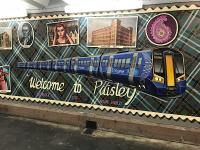 Tartan, famous local names and landmarks along with EMU 380011 are on display in the underpass to greet visitors to Paisley Gilmour Street. Thankfully, haggis does not feature in the artwork.<br><br>[Colin McDonald 22/12/1997]