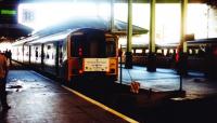 The 11.55hrs Special leaving from Waverley Platform 18 on 21st June 1992 was destined for Culross. Sprinter unit 150259 displays the headboard for <I>The Scottish Power Express</I> which it carried throughout the day. The name was given as the electricity company had paid for the construction of the temporary platform at Culross [see image 62431]. The town had been granted its Burgh Charter in 1592 so it was celebrating 400 years.<br><br>[Charlie Niven 21/06/1992]