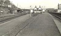 Platform view looking east at a pre-electrification Dalmuir Park station on 19 April 1957. For the same view two years later [see image 61812].<br><br>[G H Robin collection by courtesy of the Mitchell Library, Glasgow 19/04/1957]