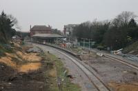 Vegetation clearance at Poulton-le-Fylde on 9th January 2018, prior to the electrification masts being erected. The bracket signal for the Fleetwood junction has finally been dismantled but the signal cabin can still be seen through the bridge arch. The line is scheduled to reopen at the end of March. <br><br>[Mark Bartlett 09/01/2018]