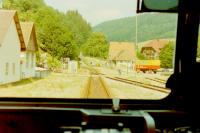 Bad Peterstal is in Schwartzwald (Black Forest) and is the penultimate station on the Renchtal Bahn, Offenburg - Bad Griesbach. Picture was taken from inside one of the old Red 4 wheel gear driven Schienenbus (Rail bus) that usually work in pairs.<br><br>[Gordon Steel 26/07/1990]