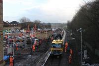 A German registered lorry passes through Platform 1 at Kirkham on 18th January 2018 as round-the-clock work continues to get the station ready for reopening on 29th January. When complete Platform 1 will be used solely by trains heading for the Blackpool South branch and will not be electrified. Platform 2 will usually be used by trains heading towards Blackpool North, but occasional trains coming off the Blackpool South branch will be able to reverse there. The new Platform 3, under construction, will be for all trains heading towards Preston. <br><br>[Mark Bartlett 18/01/2018]