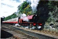 Hunslet 0-6-0 saddle tank (Cumbria) leaving Haverthwaite for Lakeside Windermere in 1988.<br><br>[Gordon Steel 06/06/1988]