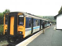Wessex Trains DMU 150221 at Looe terminus in June 2002 shortly after arrival with the branch train from Liskeard.<br><br>[Ian Dinmore 01/06/2002]