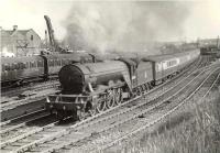 Haymarket A3 60087 <I>Blenheim</I> passing Cowlairs East Junction on 4 July 1955 with the 6pm Glasgow Queen Street - Edinburgh Waverley. [See image 26528]<br><br>[G H Robin collection by courtesy of the Mitchell Library, Glasgow 04/07/1955]