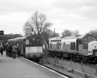 EE Type 3 37255, standing alongside Type 1s D8098 and D8048, on display at Quorn and Woodhouse station on the Great Central Railway in March 2004.<br>
<br>
<br><br>[Peter Todd /03/2004]
