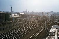 The approach to Norwich (Thorpe) station on 27th June 1977 showing the extensive sidings and facilities that once existed. The station itself is off to the right beyond the fuelling stages. Following electrification in the 1980s, the whole layout was simplified considerably.<br><br>[Mark Dufton 27/06/1977]