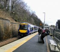 The fairly uncommon site of a Class 170 on the Borders Railway, with 170411 forming an Edinburgh service at Galashiels on 30 January 2018. Their largely<br>
forgotten name 'Turbostar' appears only on the default onboard information<br>
screen. Junipers, anyone? Super Sprinters? The names don't stick and<br>
ScotRail don't bother with them for newer stock.<br>
<br><br>[David Panton 30/01/2018]