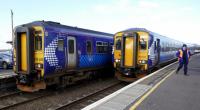 Yet another friendly driver on the 12.01 to Stranraer as he goes to collect the tablet on 1st February 2018. 11.59 to Kilmarnock is behind.<br>
<br>
<br>
<br><br>[Colin Miller 01/02/2018]