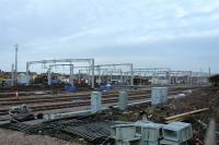 A full complement of gantries appear to be in place at Blackpool North depot sidings on 10th February 2018, although wiring has yet to take place. No masts yet on the main running lines in the foreground.<br><br>[Mark Bartlett 10/02/2018]