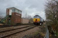 DRS 57302 passes Horrocksford Junction signal box on 15 March 2013 whilst on a light engine move from Carlisle to Crewe.<br><br>[John McIntyre 15/03/2013]