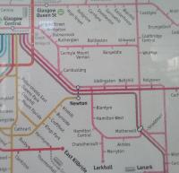 This detail from the ScotRail central area map highlights a problemette<br>
with the depiction of Newton. Although there is a direct connection with<br>
the Bellshill line there has been no scheduled service for years. The upper<br>
blob should instead be above Blantyre. The Mossend to Holytown Junction<br>
business might also be clearer: there's only in fact one train a day<br>
through Holytown to Wishaw, but loads from Bellshill to Motherwell!<br>
<br><br>[David Panton 02/02/2018]