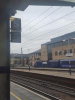 A ScotRail HST stop board, and a ScotRail HST, seen at Haymarket Station on 5th February 2018.<br><br>[John Yellowlees 05/02/2018]