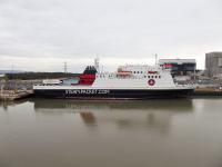 Isle of Man Steam Packet <I>MV Ben-my-Chree</I>, moored alongside Heysham ferry terminal and railway station prior to the daytime sailing to Douglas on 5th February 2018. She will be back again later for the overnight crossing. The Heysham Nuclear Power stations form part of the backdrop to this photo taken from another ship in the harbour. <br><br>[Mark Bartlett 05/02/2018]