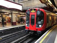 An S8 stock train enters Baker Street Platform 3 on 8th February 2018. The curved windscreens of the S stock don't seem to cause signal sighting problems on the London Underground.<br><br>[Colin McDonald 08/02/2018]