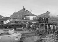 Cowans-Sheldon steam crane ADE971589, demonstrating at the eastern side of Ayr depot during the 1983 Open Day. Blackhouse Junction signalbox is behind.<br>
<br>
<br><br>[Bill Roberton 29/10/1983]