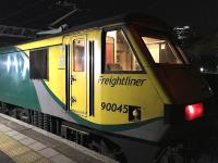 Freightliner 90045 at the front of the Lowland Sleeper at Euston on 9th February 2018. It only made it as far as Tring where it was declared a failure, leading to an 1213 pm arrival for Glasgow passengers. I can live with that on a Saturday.<br><br>[Colin McDonald 09/02/2018]