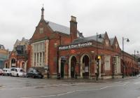 An external view of the Riverside terminus building in Windsor in January 2018. Beyond the façade is a neat station with an overall roof and two long curving platforms that can each accommodate ten-coach trains. <br><br>[Mark Bartlett 26/01/2018]