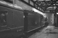 60052 <I>Prince Palatine</I> waits to leave the west end of Waverley on 4 September 1965 with the 'LNER Pacific' tour. The train is at the 'sub' platform with the direct stairway link to Waverley Bridge on the right. The special ran north via the east coast, returning via Forfar and Glasgow Queen Street behind 60026 <I>Miles Beevor</I>. [Ref query 15 February 2018] <br><br>[K A Gray 04/09/1965]