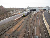 South end of Perth Station with a Turbostar 170404 on the 1238hrs service to Glasgow Queen Street, which originated at Inverness. 19th February 2018<br><br>[Gordon Steel 19/02/2018]