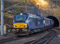 68007 <I>Valiant</I> emerges from Calton Tunnel with empty stock for the 17.08 to Glenrothes with Thornton on 20th February 2018.<br>
<br><br>[Bill Roberton 20/02/2018]