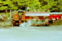 Hunslet Saddle Tank 0-6-0 <I>Cumbria</I> at Haverthwaite in 1988, being prepared for the day's duties.<br><br>[Gordon Steel 06/06/1988]