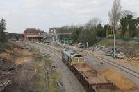 Freightliner 66525, engaged on electrification work, seen at Poulton-le-Fylde station on 23rd February 2018. <br><br>[Mark Bartlett 23/02/2018]