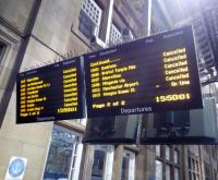 The departure board at Edinburgh Waverley on red weather alert day, 1 March 2018, is predictable. I feel that the last entry is there to offer a glimmer of hope which will turn out to be illusory.<br><br>[David Panton 01/03/2018]