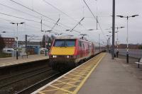 A northbound service to Leeds with a VTEC Class 91 arrives at Newark Northgate on 18 February 2018.<br><br>[John McIntyre 18/02/2018]