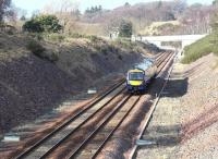 Approaching Tynehead from the north on Saturday 24 February 2018 is the ScotRail 1325 ex-Waverley bound for Tweedbank. The train has just crossed the Tyne Water and is approximately half a mile from the the junction with the next single line section.<br><br>[John Furnevel 24/02/2018]