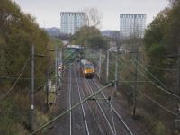 334023 seen shortly after departing from Blairhill with a Edinburgh to Helensburgh Central service on 31st October 2017.<br>
<br>
<br><br>[Alastair McLellan 31/10/2017]