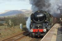 Storming up the bank through Langho station, 35018 British India Line was out on a further loaded test run on 07 March 2018. Appearances can be deceptive but it certainly looked impressive as passed on the Carnforth-Hellifield-Blackburn-Preston-Carnforth circuit. Nice one 10A, hopefully all faults fixed and 35018 will be out on revenue earning service very soon.<br><br>[John McIntyre 07/03/2018]
