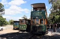 Franschhoek, east of Cape Town, was served by a metre gauge line until the mid 1990s when it was left dormant. The weather has been kind to it, no trees etc but grass here and there. However, some local vineyards clubbed together and set up two tram systems to move people between the vineyards. Lots of fine wines to taste and lunches to die for. One section is about three miles long the other about six. The trams are modeled on the Victorian Blackpool trams but with diesel engines fitted.  These are the double deck and single deck cars. <a target=external href=http://winetram.co.za/>Franschhoek Wine Tram</a><br>
<br><br>[Peter Todd 23/02/2018]