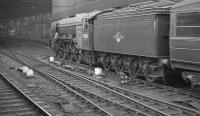 The 9.02am summer Saturday Ely - Newcastle Central arrives at its destination on 17 June 1961 behind A3 Pacific 60088 <I>Book Law</I>. The train has been routed via King Edward Bridge East Junction and the High Level Bridge.<br><br>[K A Gray 17/06/1961]