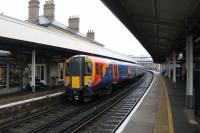 South Western Railway EMU 458517, in Stagecoach livery, calls at Staines on its way to Waterloo on a murky 27th January 2018.<br><br>[Mark Bartlett 27/01/2018]