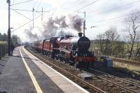 Jubilee 45699 'Galatea' working hard on the Carnforth to Carlisle leg of 'The Cathedrals Express' from Euston on 17 March 2018. The special is seen here passing through Oxenholme.<br><br>[John McIntyre 17/03/2018]