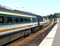 Platform view north at Exeter St Davids on a fine May morning in 2002 as the First Great Western 0647 ex-Penzance HST prepares to continue on its journey to London Paddington. <br><br>[Ian Dinmore 31/05/2002]