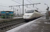 Passengers on the RENFE Alta Velocidad Español (AVE) from Marseilles to Madrid were probably surprised to see a dusting of snow on the platform as they arrived at Narbonne on 28th February 2018. <br><br>[Malcolm Chattwood 07/03/2018]