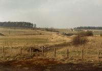 Grab shot from a passing train, looking north along the trackbed of the Crieff branch at Gleneagles in the 1970s. The crane looks to be at work on the construction of the modern A9.<br>
<br>
<br><br>[Bill Roberton //]