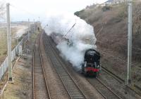 <I>The Salopian Express</I> on 21st March 2018 was originally set to be Jubilee hauled from Crewe but 35018 <I>British India Line</I> was turned out and took the train from Carnforth. This was the first revenue earning run for the Merchant Navy Pacific since restoration and it is seen here passing Hest Bank wreathed in steam. I believe the livery is still BR Green! <br><br>[Mark Bartlett 21/03/2018]