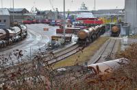 General view of Waterloo Goods Yard with a newly arrived china clay train from Mossend on the left.  66168 waits to run round.<br><br>[Bill Roberton 23/03/2018]