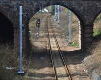 Alloa masts; looking west at the former Alloa West Junction with electrification masts in place.<br><br>[Bill Roberton 25/03/2018]