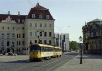 A Tatra T4D / B4D set No. 224 056 runs along the Sophienstrasse in Dresden between the Taschenberg Palace Hotel (left) and the Zwinger on a Line 8 (Südvorstadt to Hellerau) working. 27th June 2001. Not being of low-floor design, these trams no longer run in normal service, but they do still see use over the Christmas period.<br>
I'm afraid the development of the Dresden tram network was rather complex with a number of different companies involved and I've not been able to pin down who built this section of line. The current operator is the Dresdner Verkehrsbetriebe AG (DVB).<br>
<br><br>[Bill Jamieson 27/06/2001]