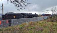 During pre-season Jacobite stock movement, diesel locomotive 37518 is uncoupled from steam locomotive 44871 to act as a banker for the remainder of the journey to Fort William.<br><br>[Beth Crawford 28/03/2018]