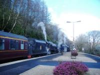 The hills surrounding Arrochar and Tarbet were covered with a fresh dusting of snow as the stock for the season’s Jacobite paused on March 28th 2018.  44871 and 45407 (running as 45157 The Glasgow Highlander) were in charge with 37518 bringing up the rear.<br>
<br>
<br><br>[Malcolm Chattwood 28/03/2018]